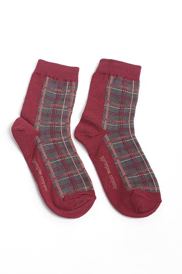 Stylish Burgundy Two - Toned Plaid Socks - Pack of 6