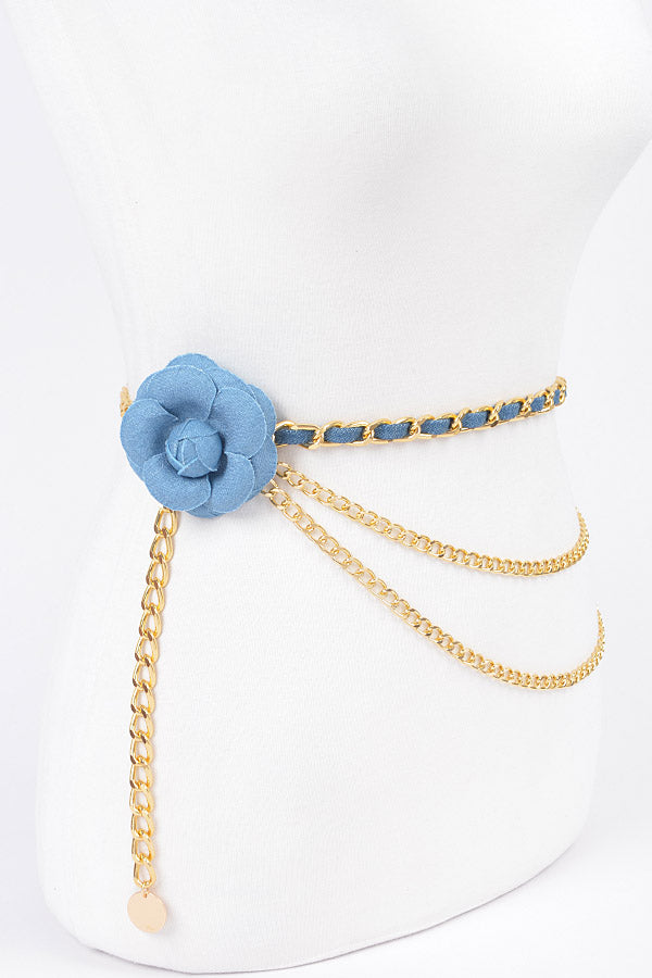 6 - Piece Set of Blue and Gold Flower Metal Double - Layered Chain Belts