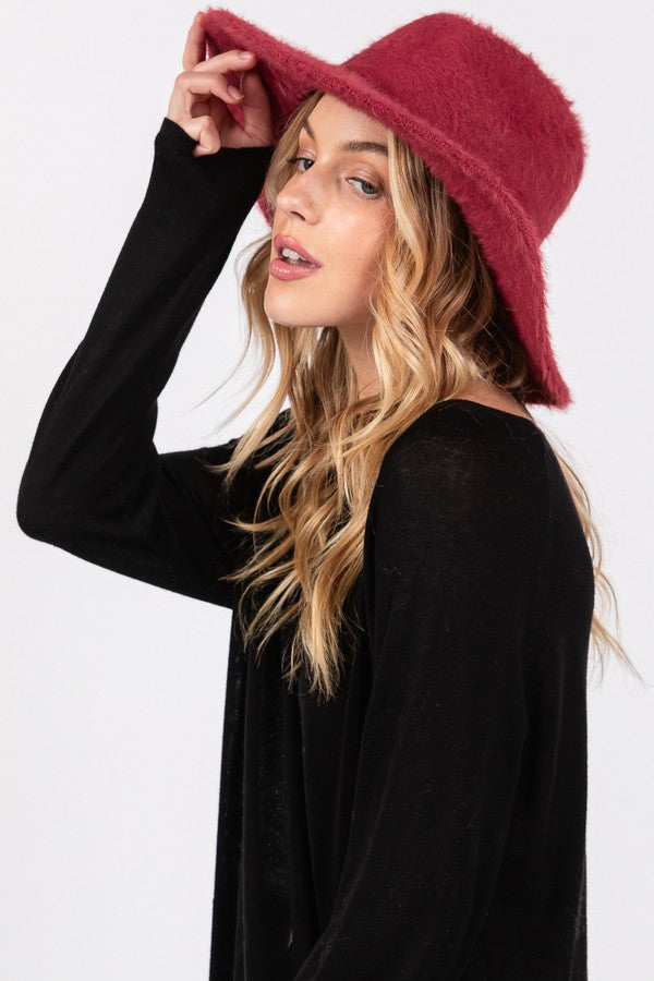 Pack of 6 Fuzzy Fedora Hats in Burgundy Color (2710)