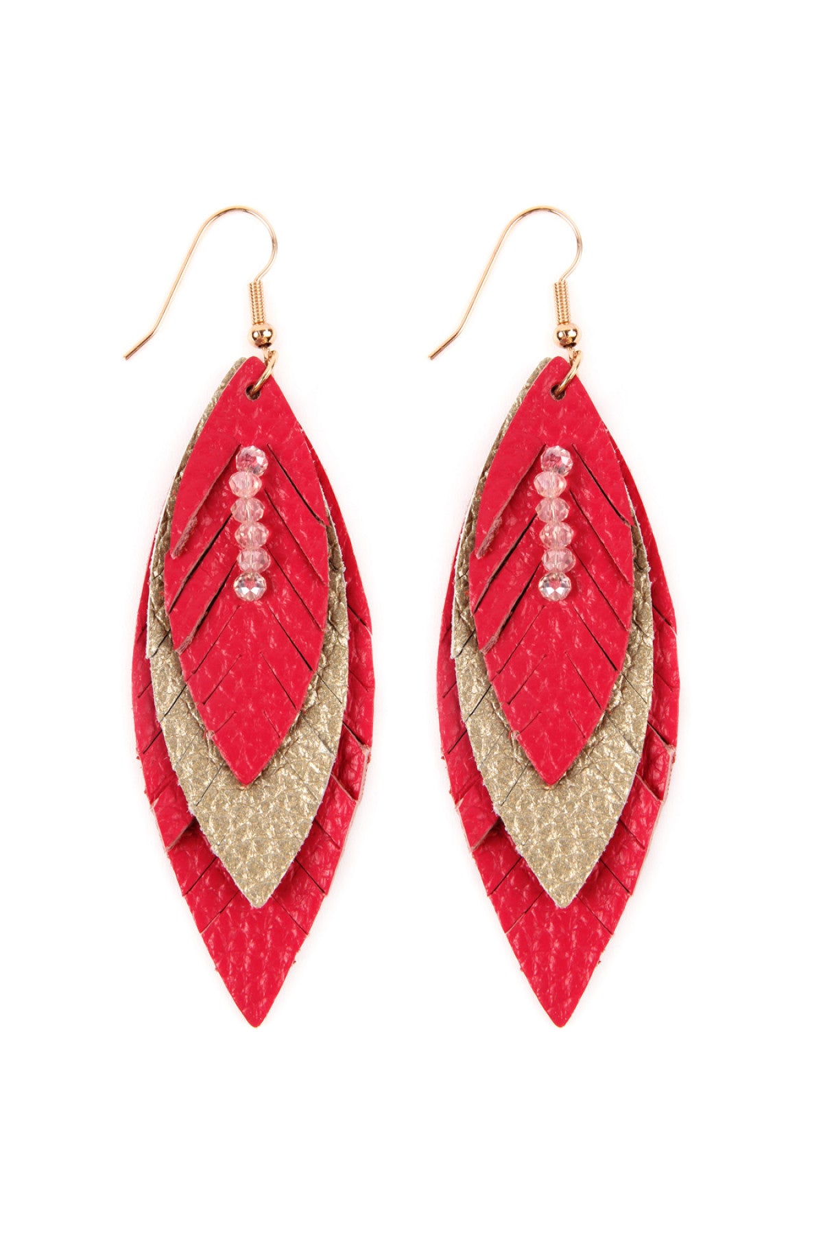 Stylish Fuchsia Three - Tier Fringed Genuine Leather Marquise - Shaped Earrings Set of Six Pieces