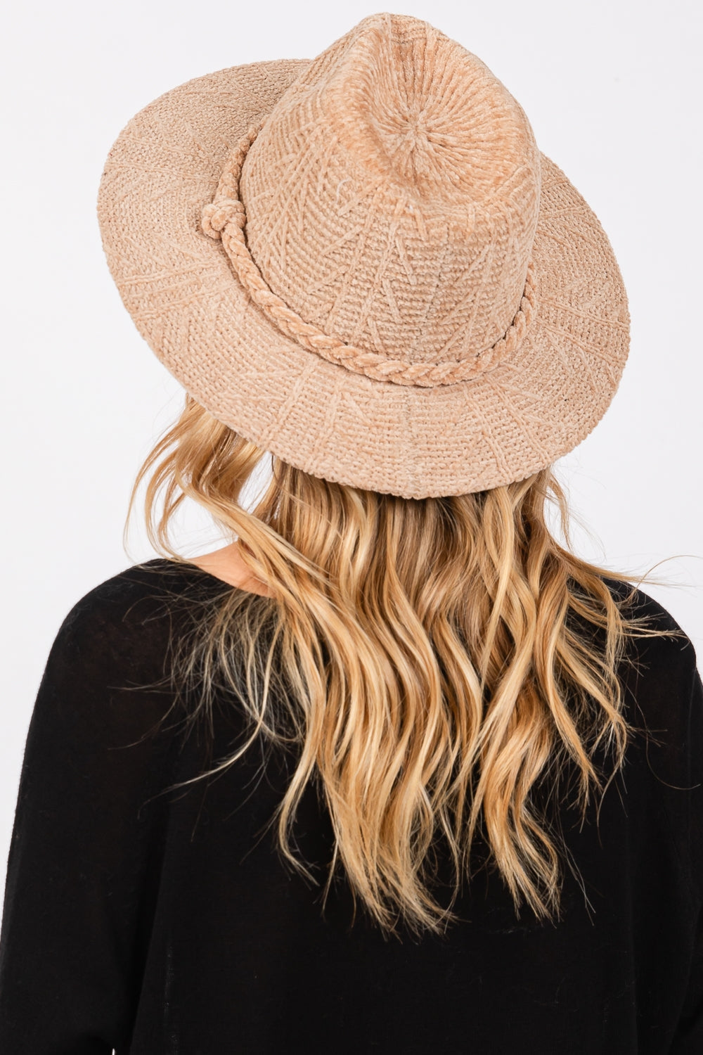 Beige Chenille Pattern Fedora Hats with Braided Band - Pack of 6