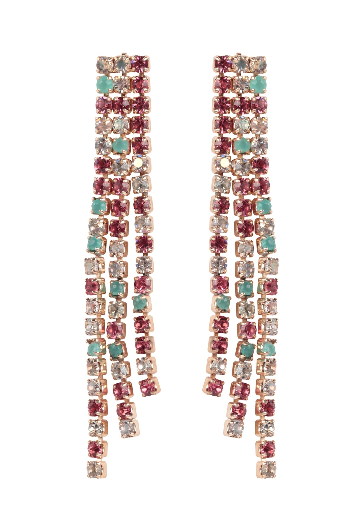 Gold Turquoise Rhinestone 3-Line Fringe Drop Earrings - Set of 6