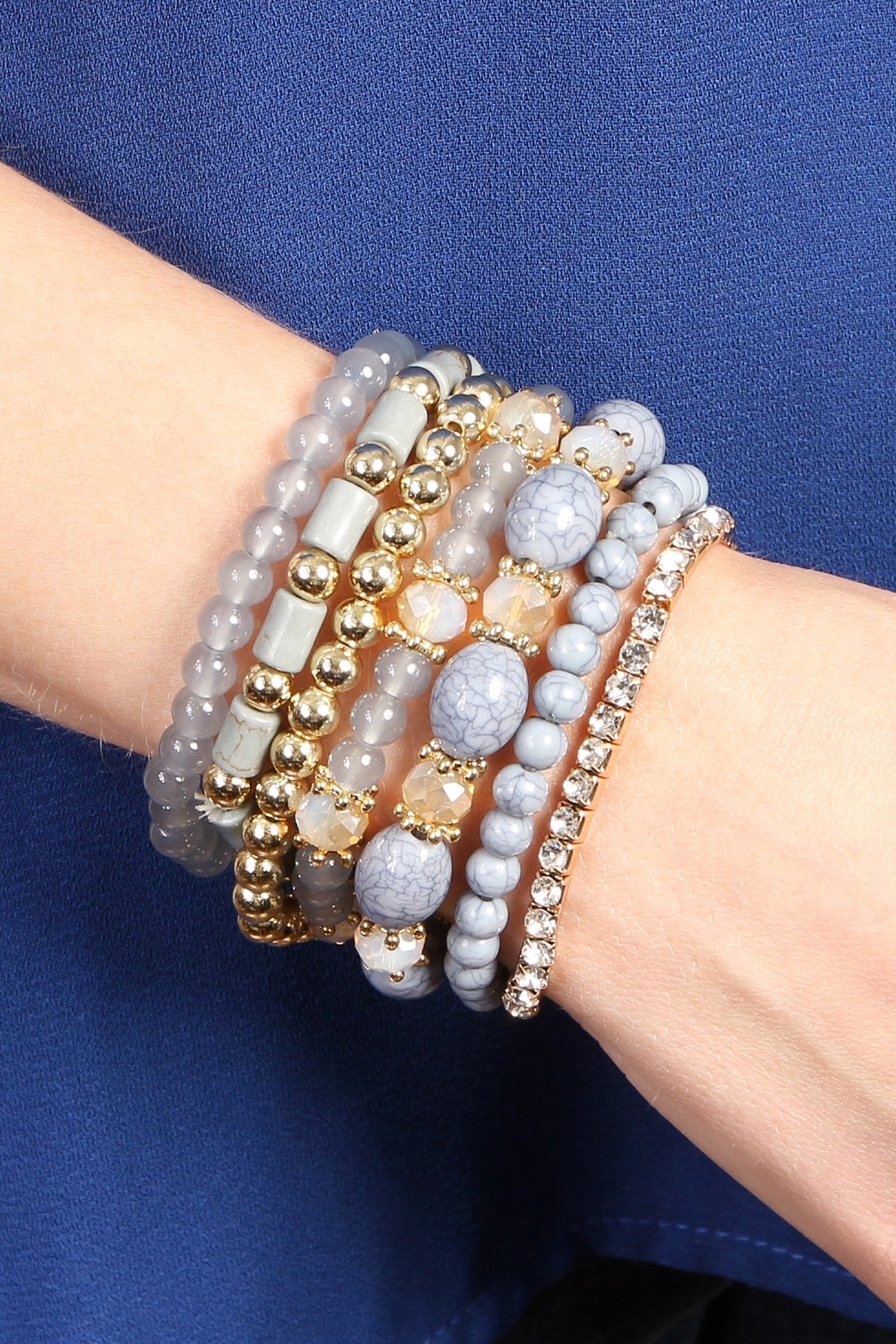 Set of 6 Stackable Gray Multi - Bead Stretch Bracelets