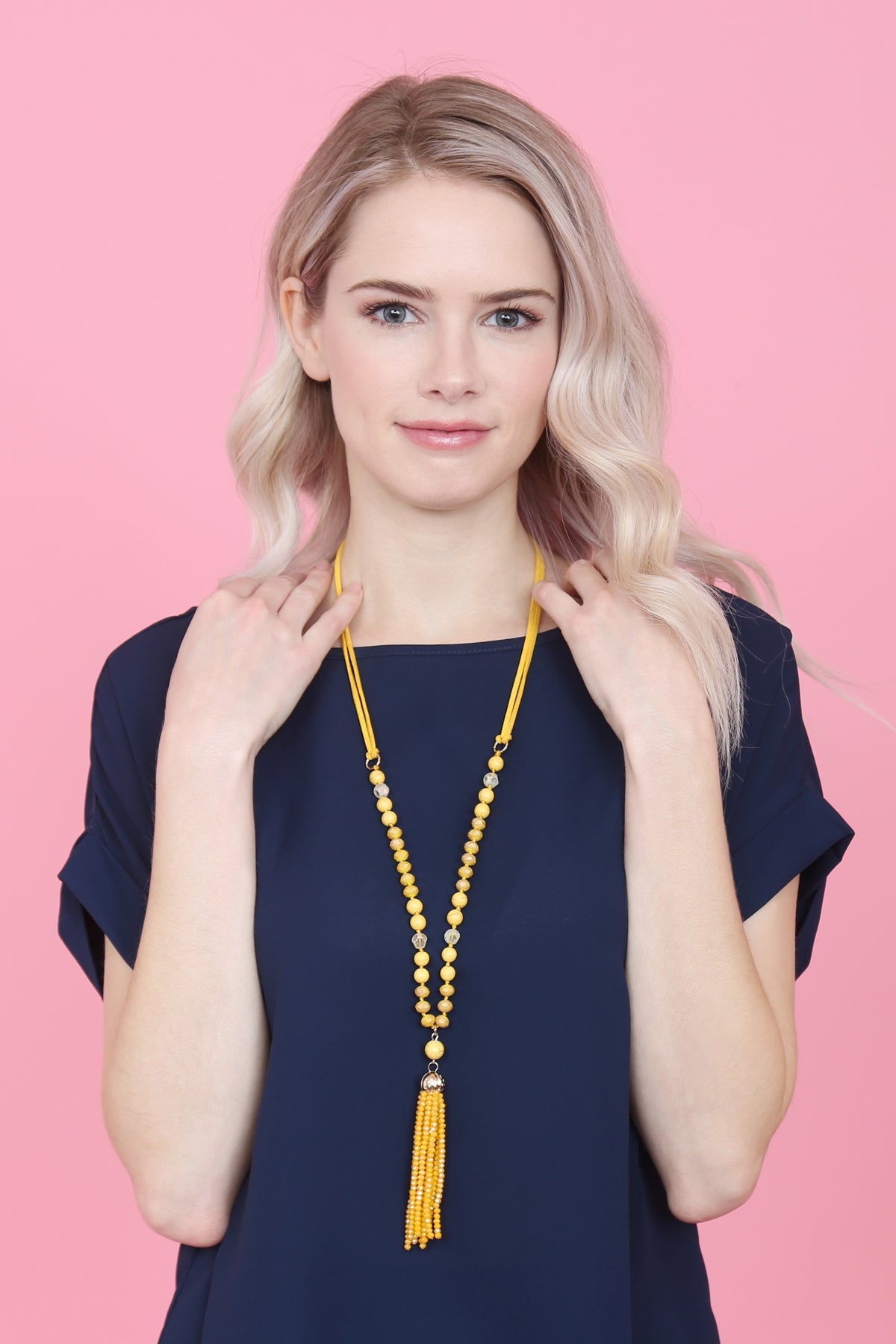 Mustard-Colored Round Tassel Pendant Necklace with Polycord - Set of Six Pieces