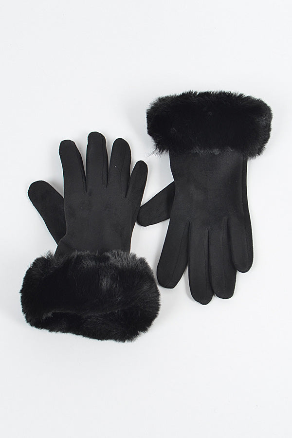 Pack of 6 Faux Suede Gloves with Faux Fur in Black - Style 9248