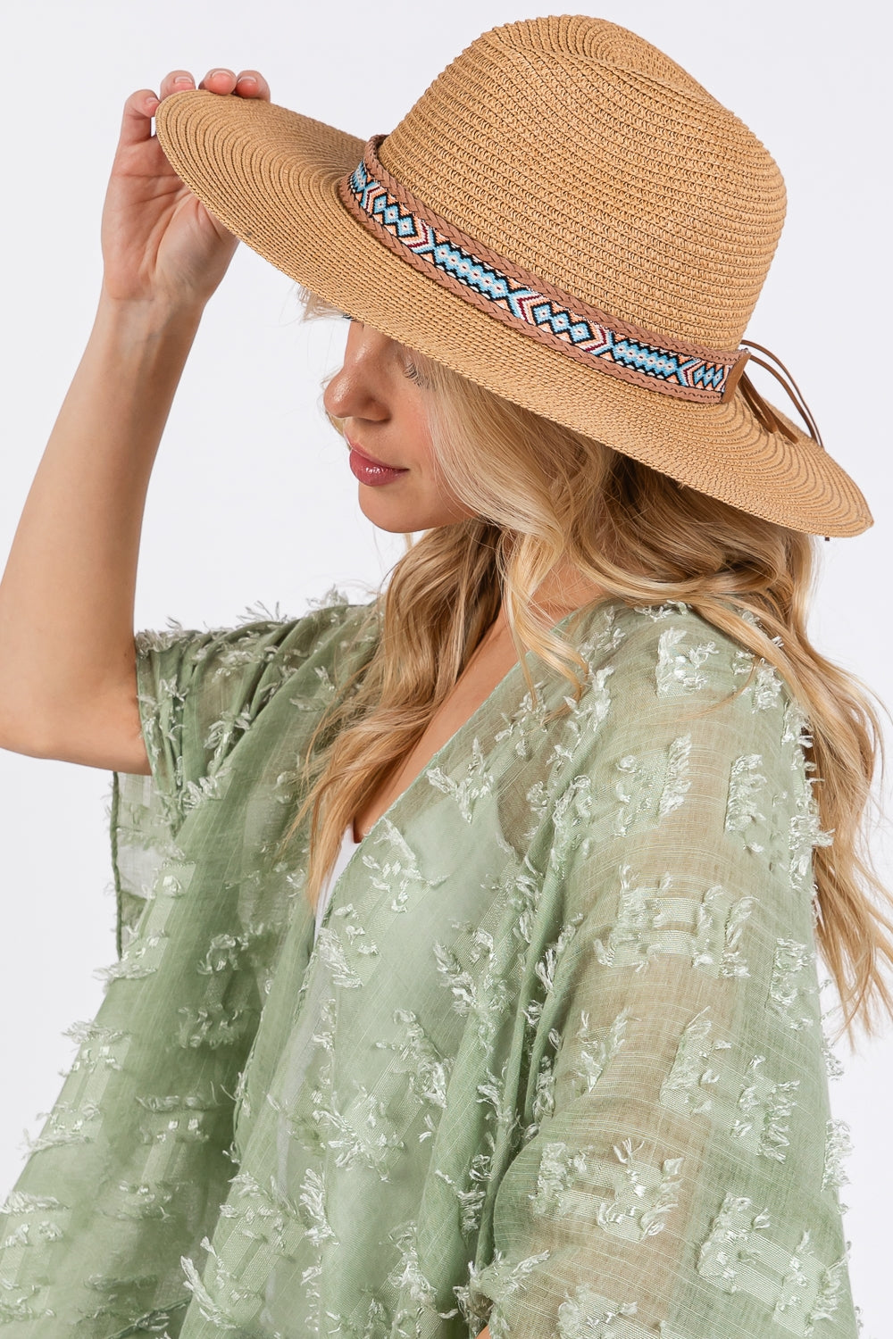 Pack of 6 Taupe Woven Bohemian Straw Sun Hats