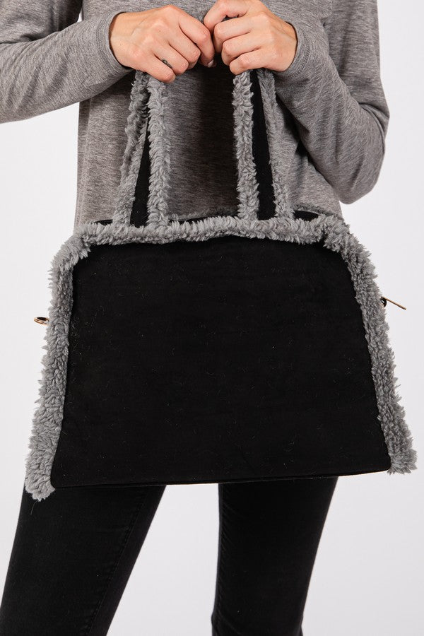 Olive Fleece Trimmed Solid Tote and Crossbody Bag - Pack of 3