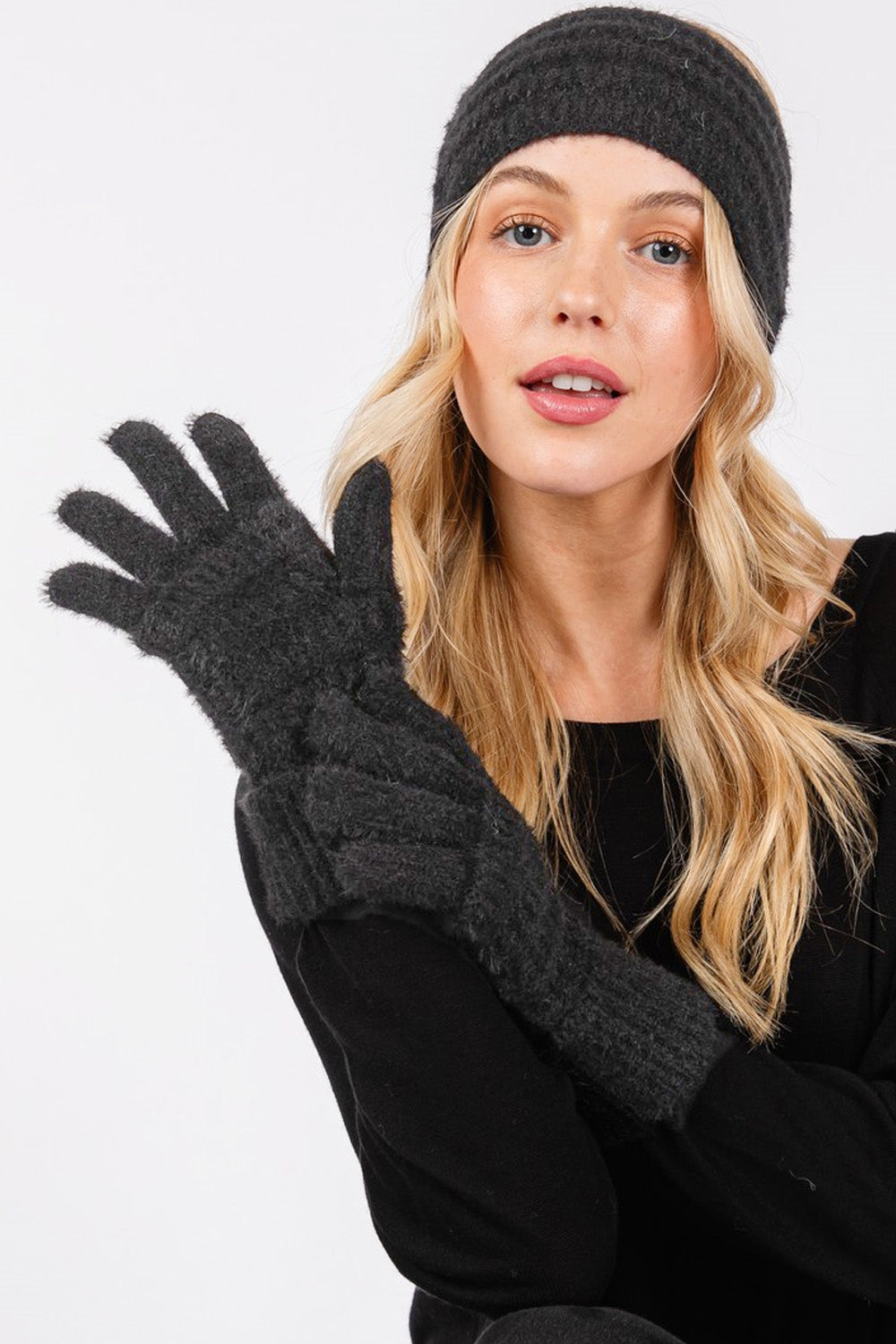 Black Fuzzy Cable Knit Smart Touch Gloves - Pack of 6