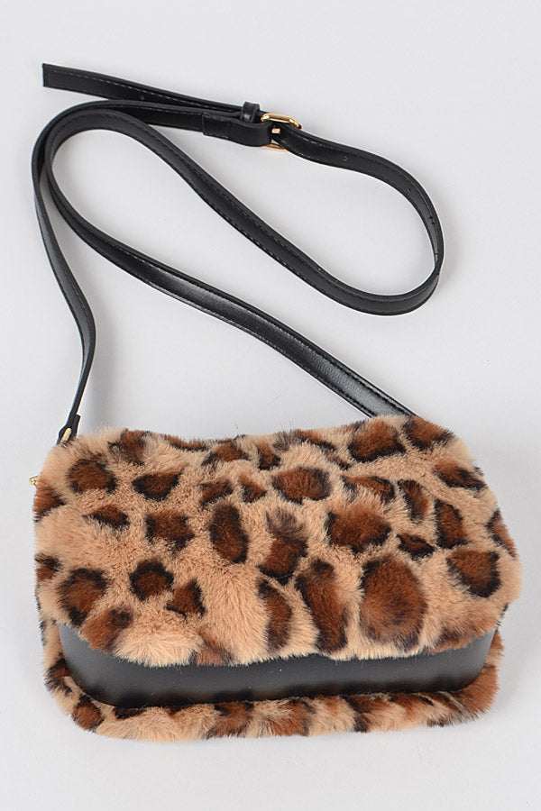 Set of 3 Stylish Leopard - Inspired Faux Fur Cross - Body Bags