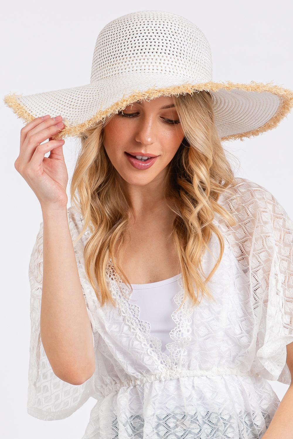 White Frayed Edge Floppy Straw Hats - Pack of Six Fashionable Headwear