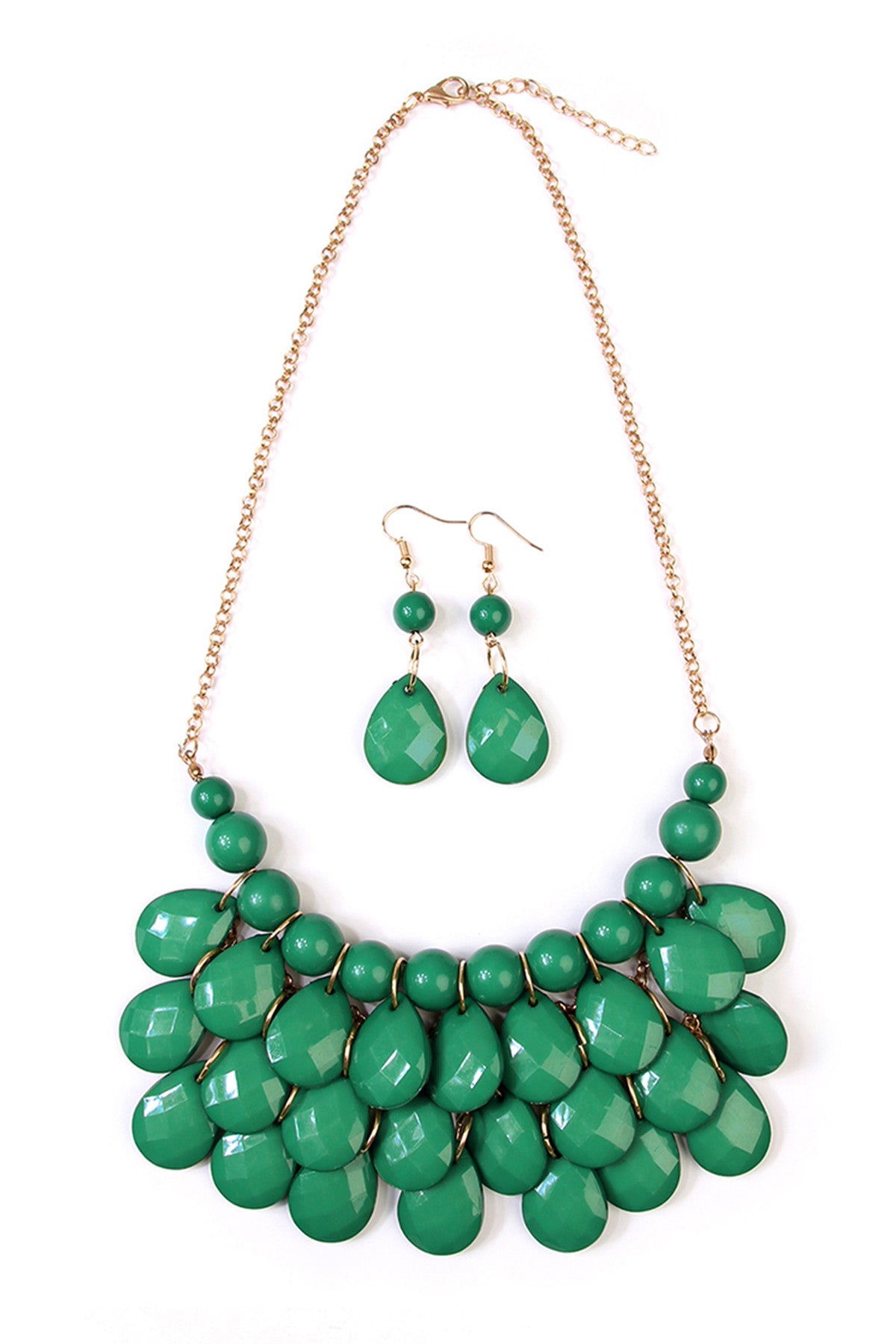 Set of 6 Green Teardrop Bubble Style Bib Necklaces and Earrings