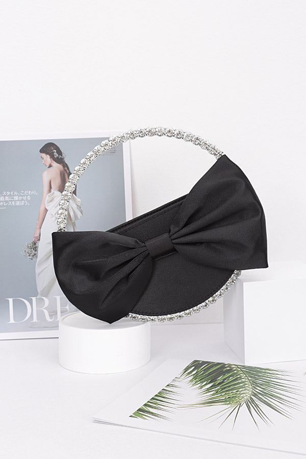 Set of 3 Satin Ribbon Round Rhinestone Metal Clutches in Black Color