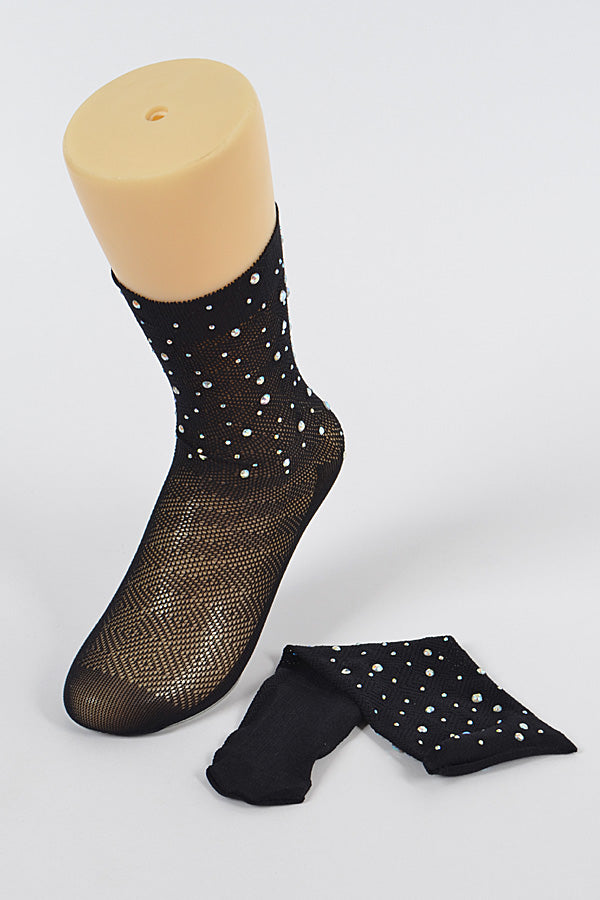 Set of 6 Black Rhinestone Mesh Socks - Style 9738