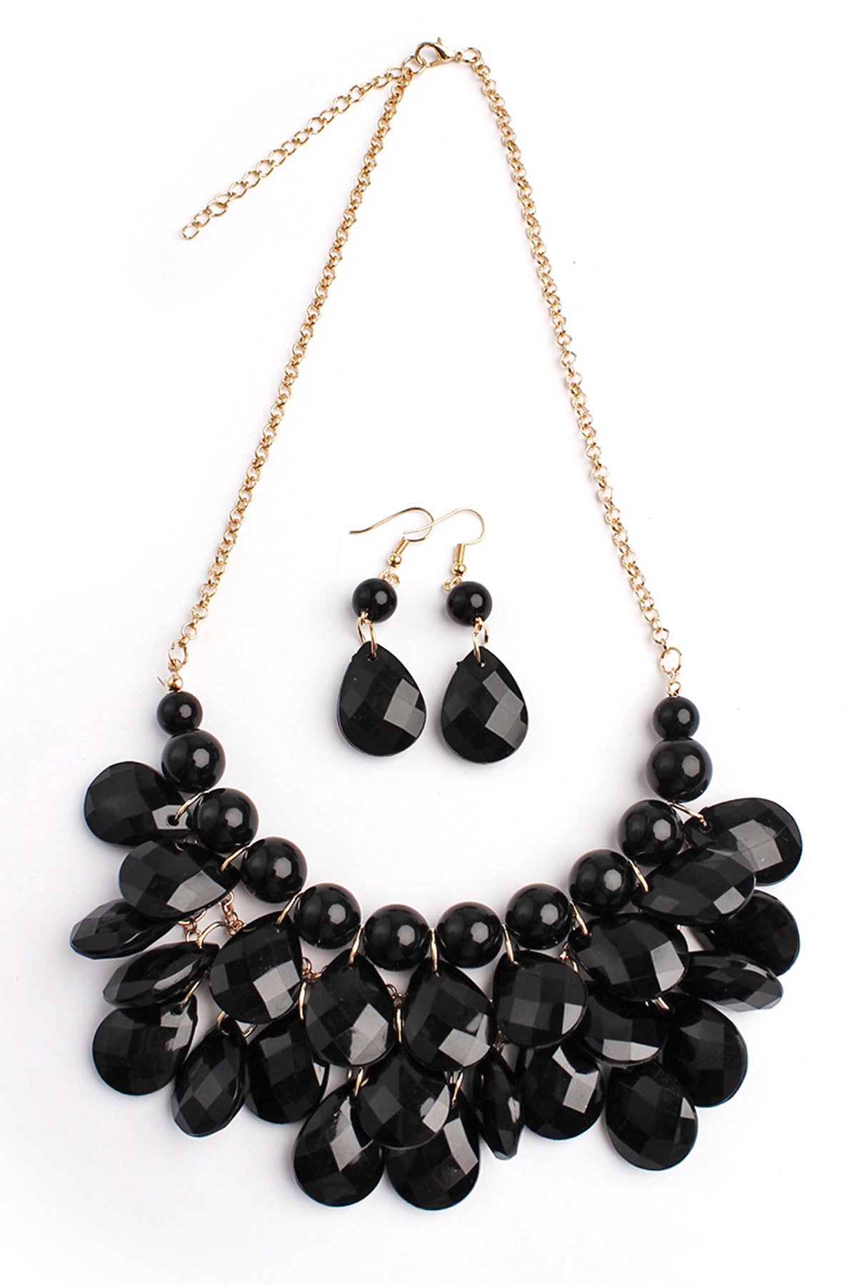 Black Teardrop Bubble Style Bib Necklace and Earring Jewelry Set - Pack of Six Pieces