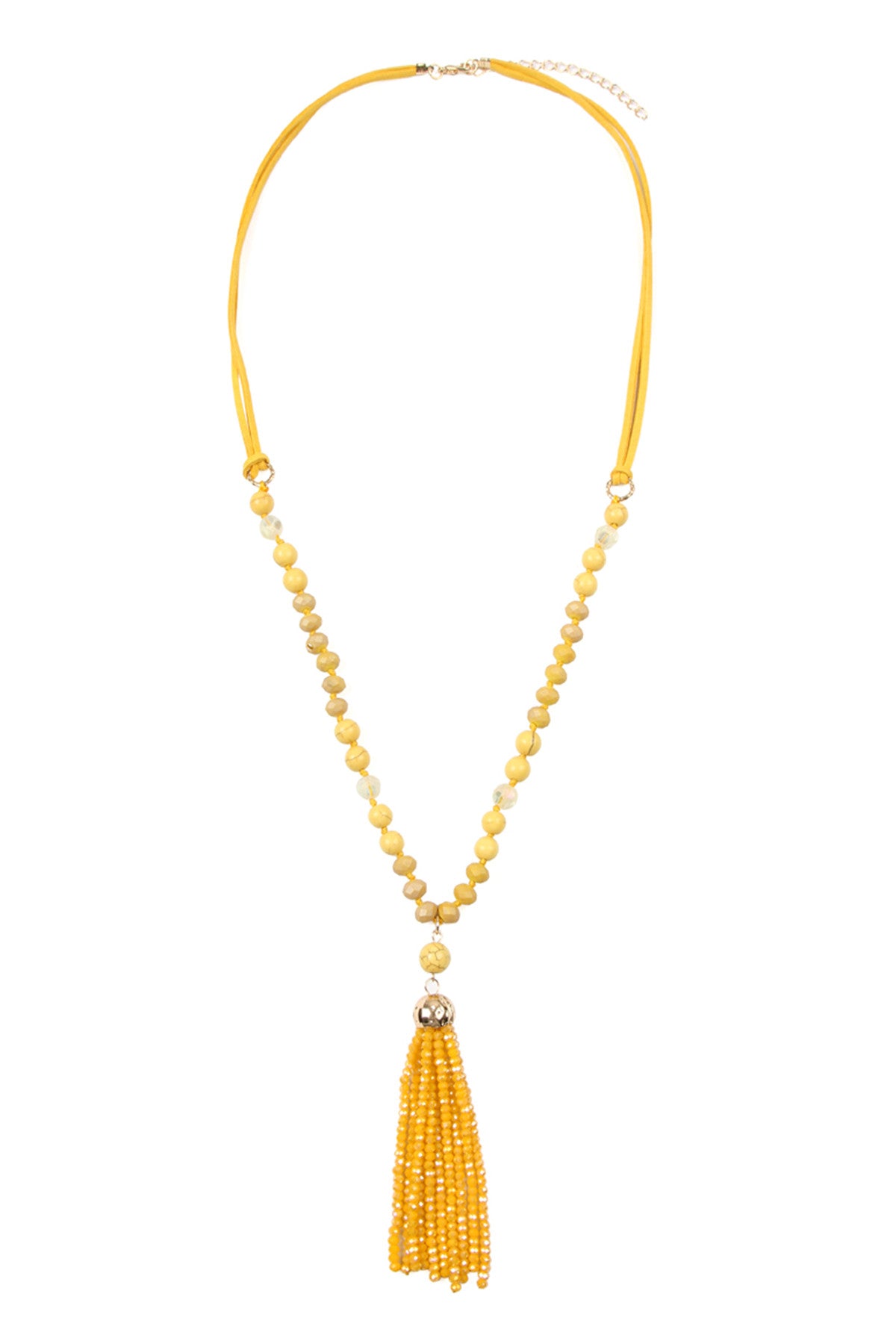 Mustard-Colored Round Tassel Pendant Necklace with Polycord - Set of Six Pieces