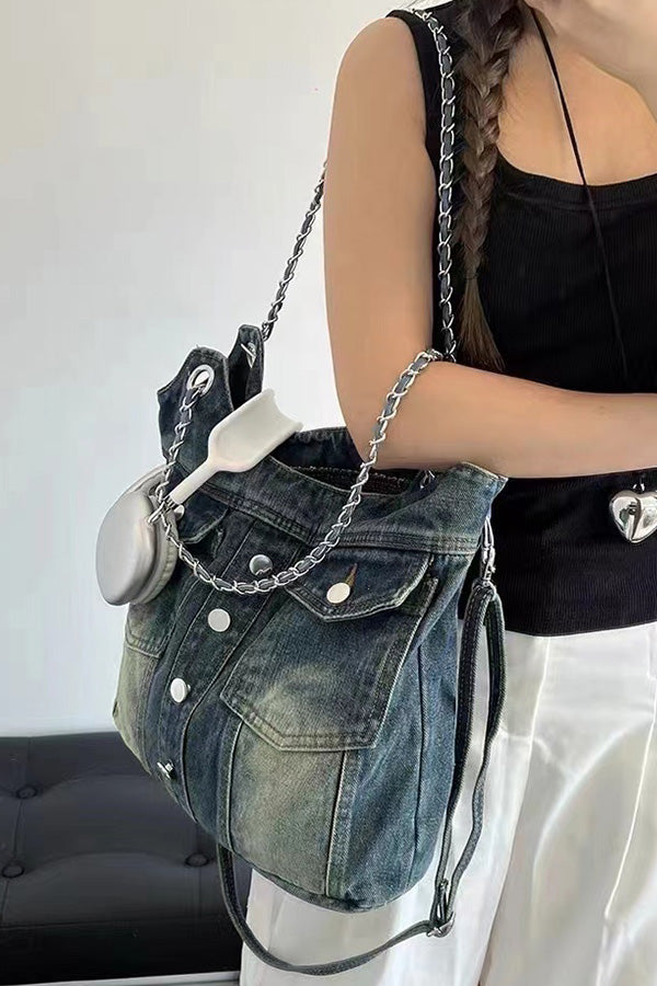 Set of 3 Stylish 1711 Dark Blue Metallic Braided Tote Bags