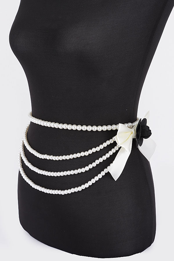 Pack of 6 Layered Faux Pearl Flower Ribbon Belts in Ivory Color - Style 5878