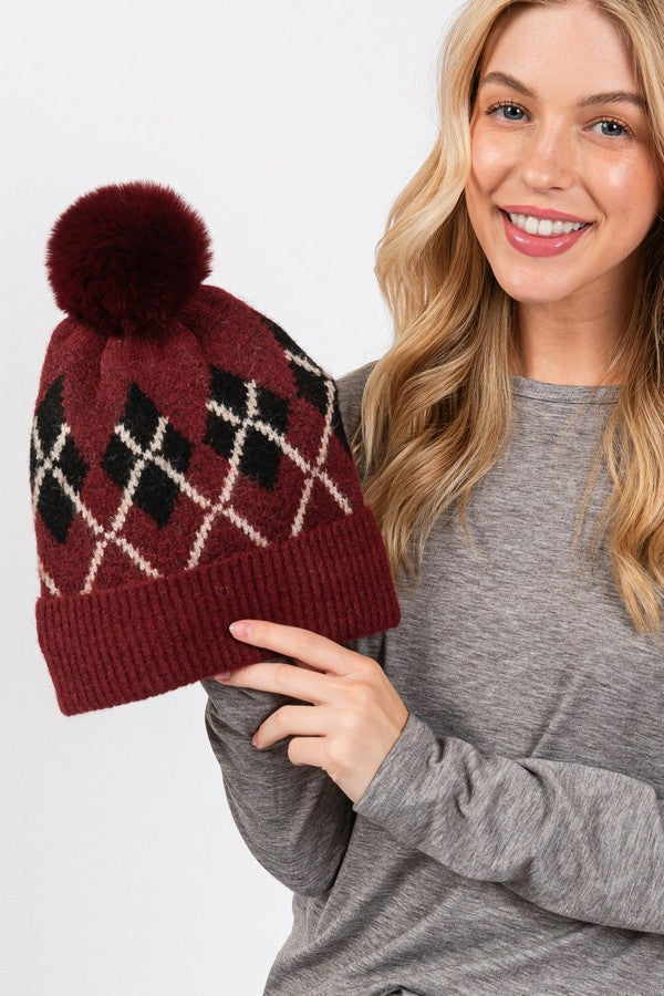 6-Pack of 2810 Taupe Wool-Blended Argyle Fleece Pom Pom Beanies