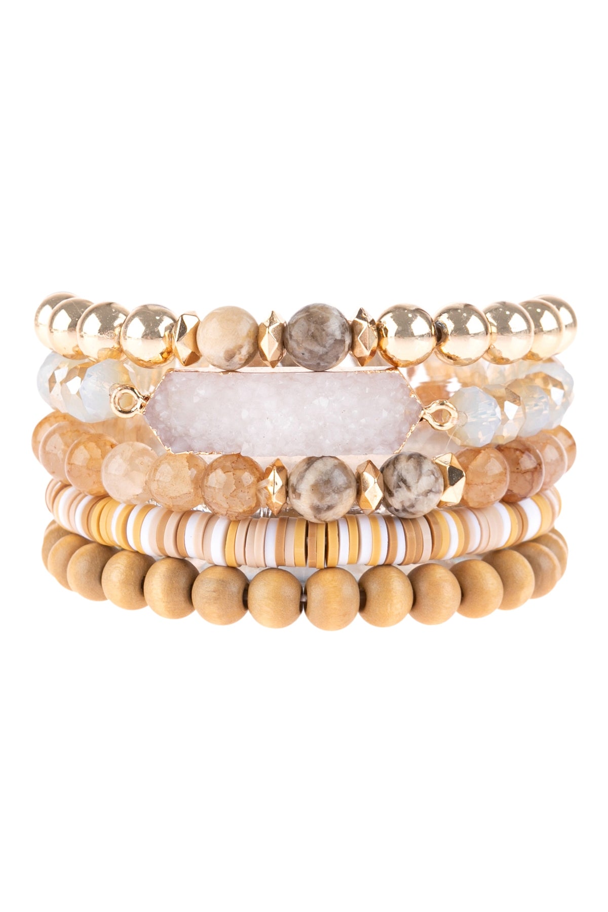 Light Brown Druzy Hexagon Multi - Beads Bracelet Set - Pack of Six Pieces