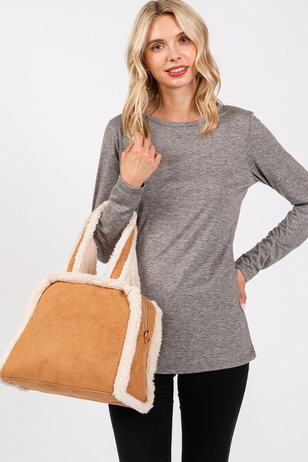 0620 Camel Brand - Pack of Three Fleece Trimmed Solid Tote and Crossbody Bags