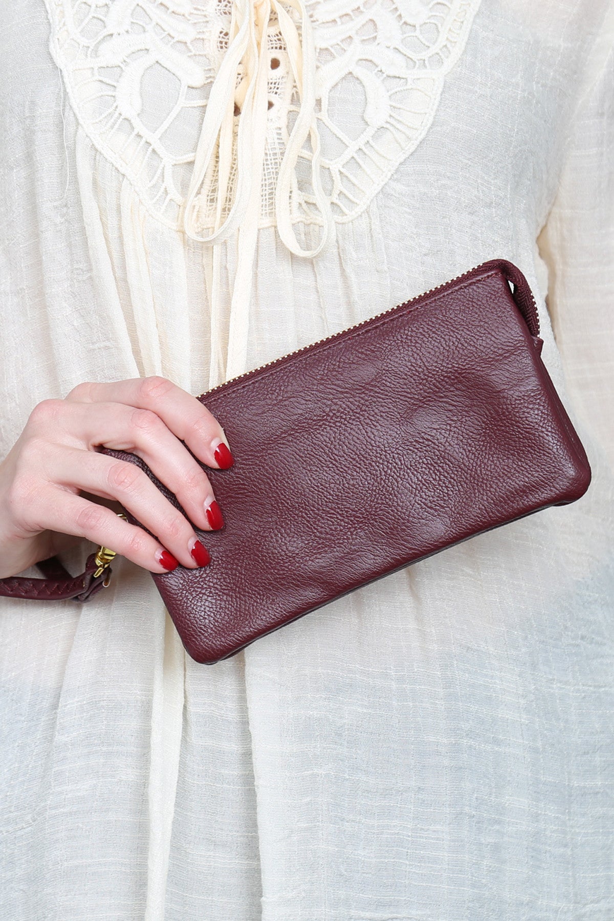 Set of 6 Burgundy Vegan Leather Wallets with Detachable Wristlets