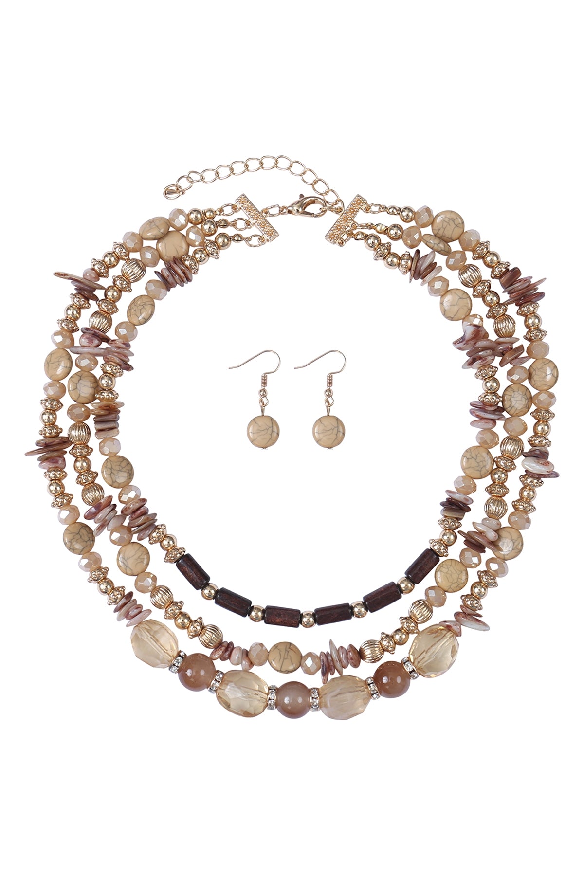 6-Piece Pack of Light Brown 3-Line Layered Natural Stone and Mixed Beads Necklace and Earring Sets
