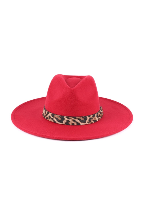 Stylish Felt Fashion Wide - Brim Hat Featuring Leopard Accents in Burgundy Color - Set of 6 Pieces