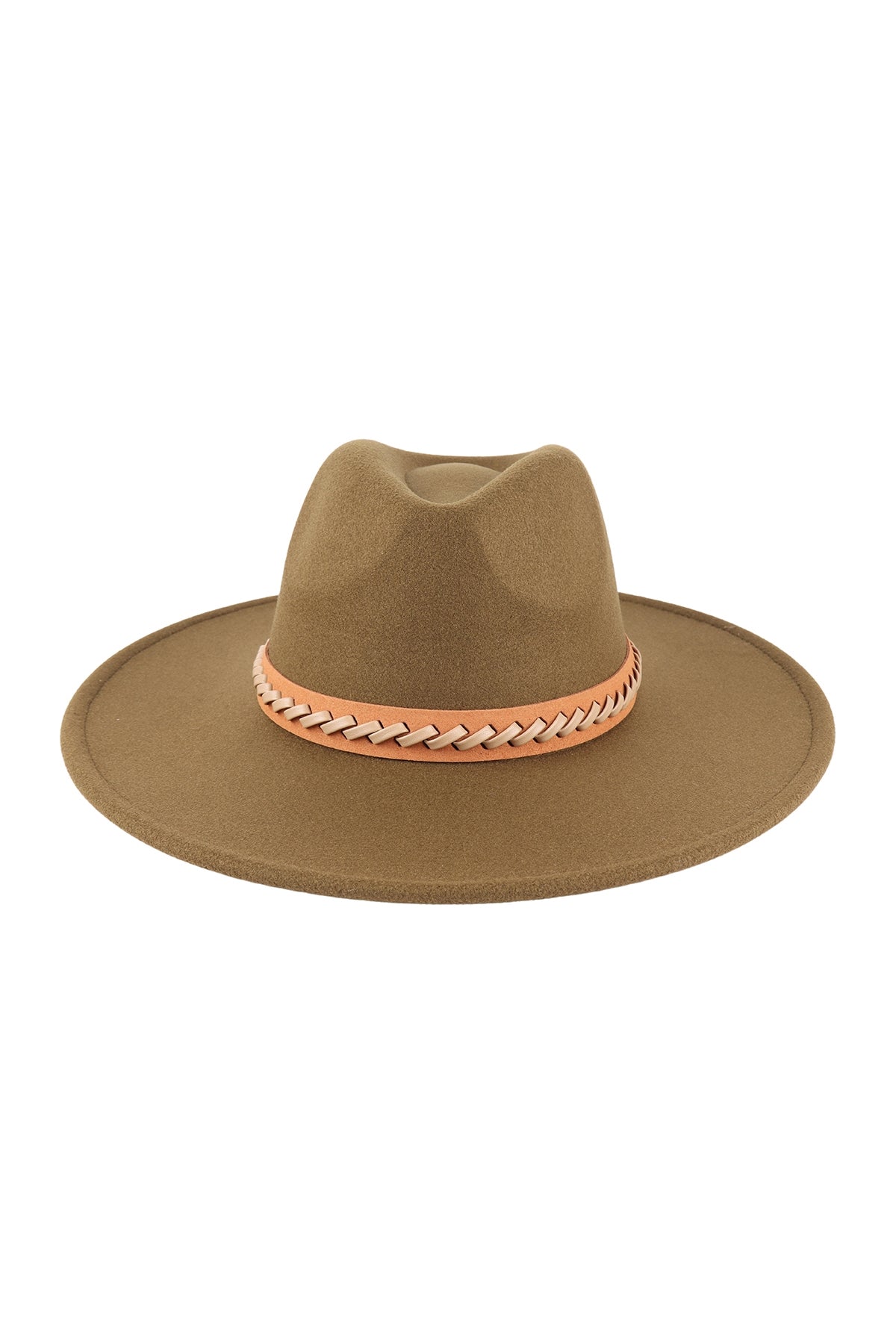Fashionable Felt Brimmed Hat with Leather - Braided Design in Olive Color - Pack of Six Pieces