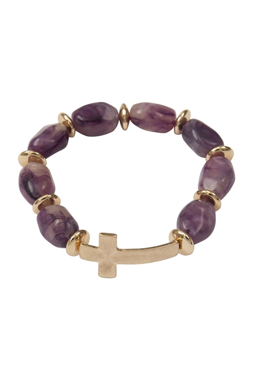 Purple Cross-Shaped Natural Stone Beaded Stretch Bracelet Set - Pack of 6 Pieces