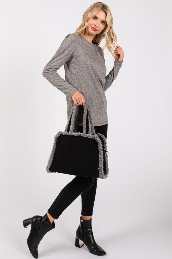 Olive Fleece Trimmed Solid Tote and Crossbody Bag - Pack of 3