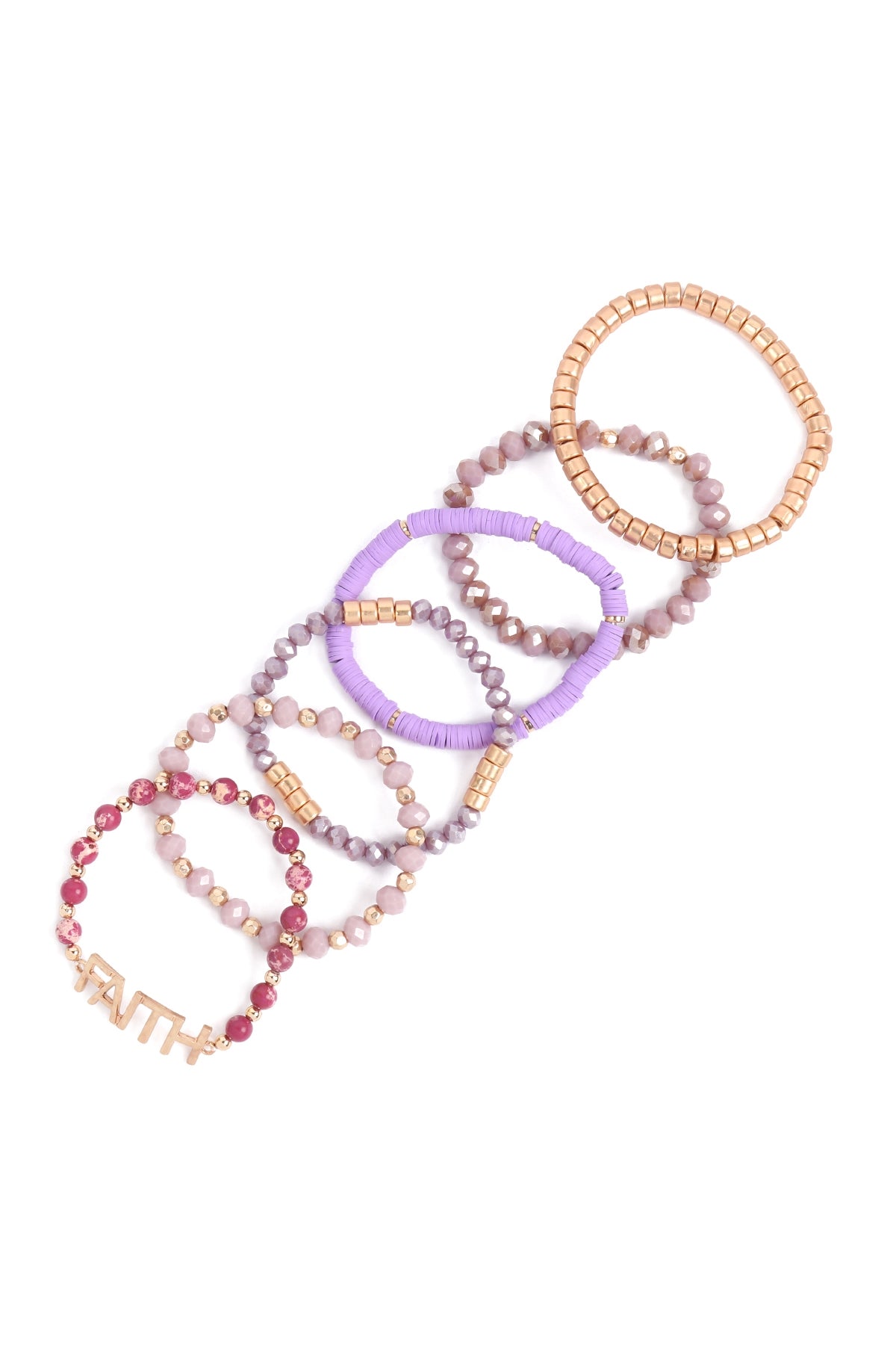 Purple Mix Beads Faith Charm Bracelets - Set of 6 for Fashion Accessories