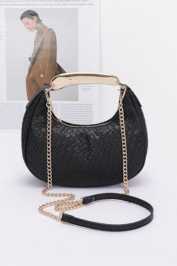 Set of 3 Embossed Faux Leather Bags with Metal Handles in Black