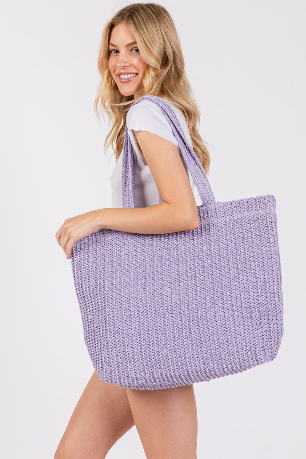 Purple Solid Crochet Straw Handbag with Zipper Closure and Inner Pocket - Set of 6