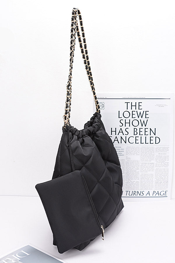 Set of 3 Quilted Padding Nylon Metal Chain Shoulder Bags in Black Color - Style 1511