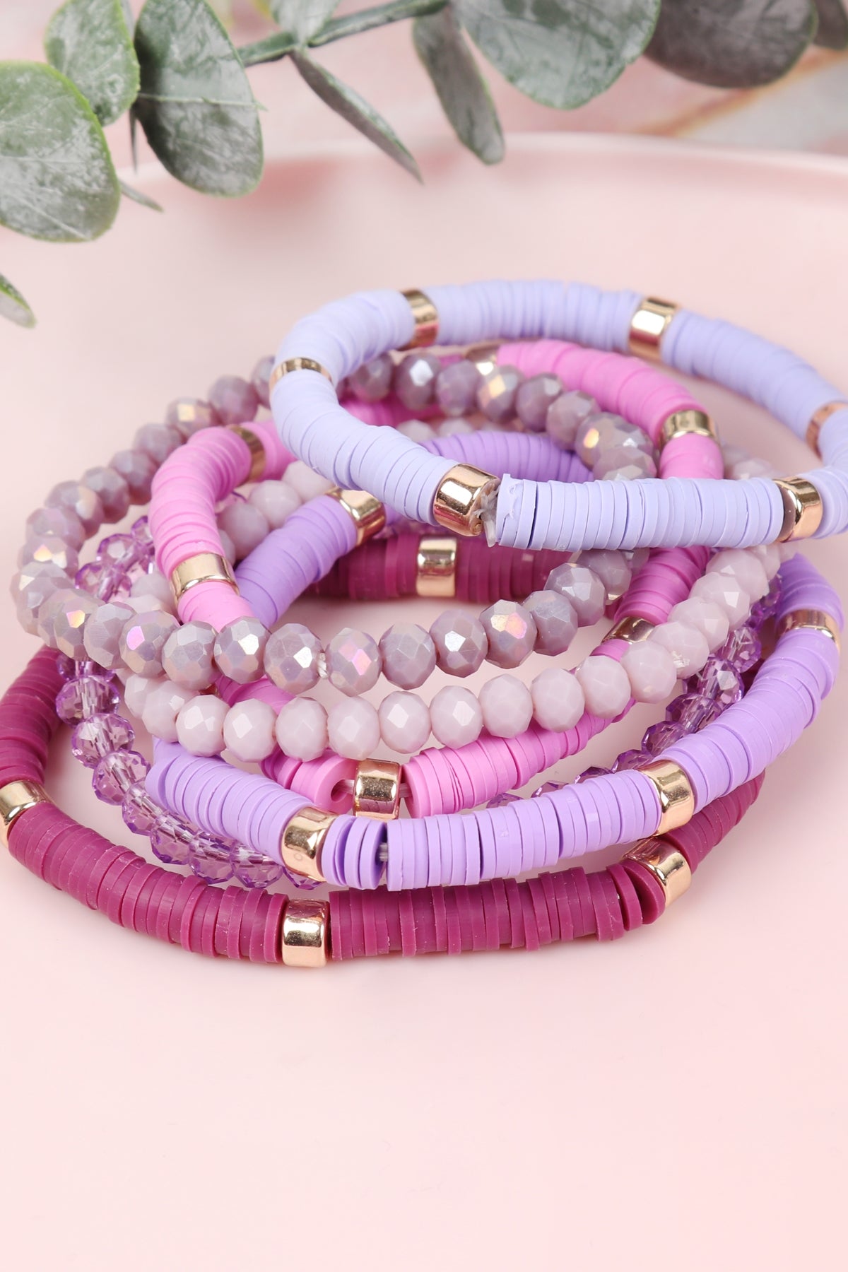 Pack of 6 Purple Multi - Line Beaded Acrylic and Glass Stone Bracelets