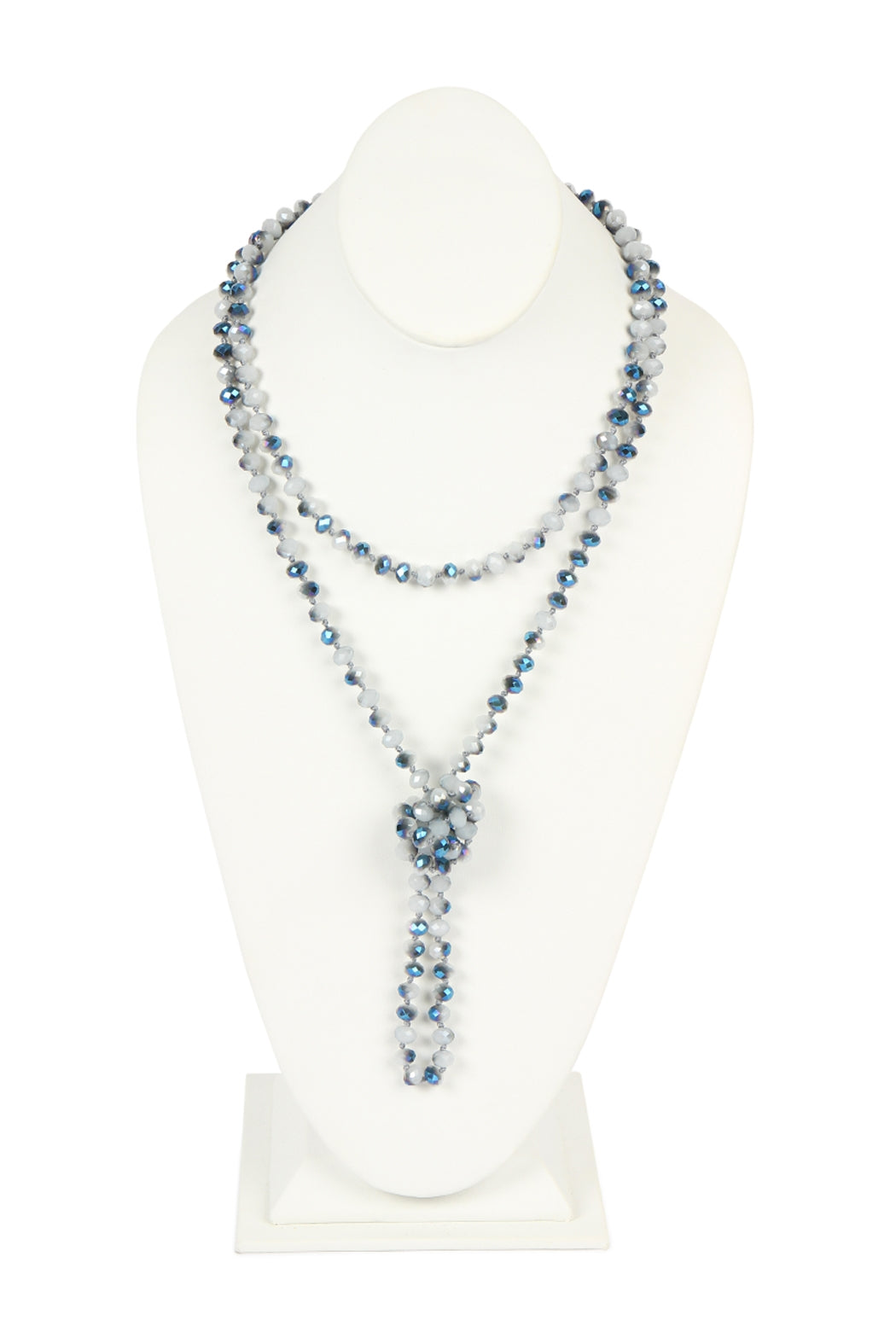 Set of 6 Hand - Knotted Gray - Blue Longline Glass Bead Necklaces