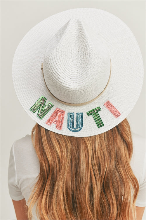 Pack of 6 White Sequin Letter Nautical Panama Hats