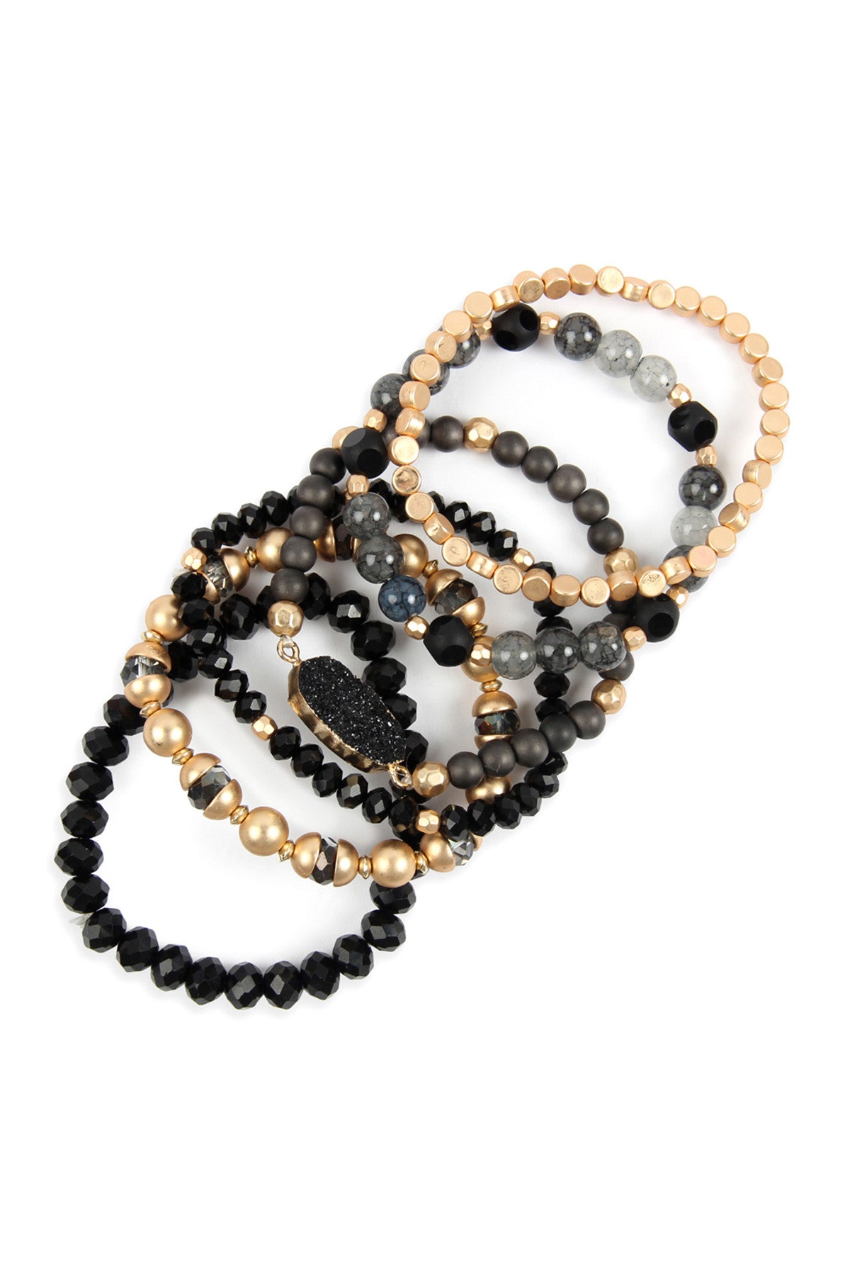 Pack of 6 Black Multi - Line Druzy Stone Charms Bracelets