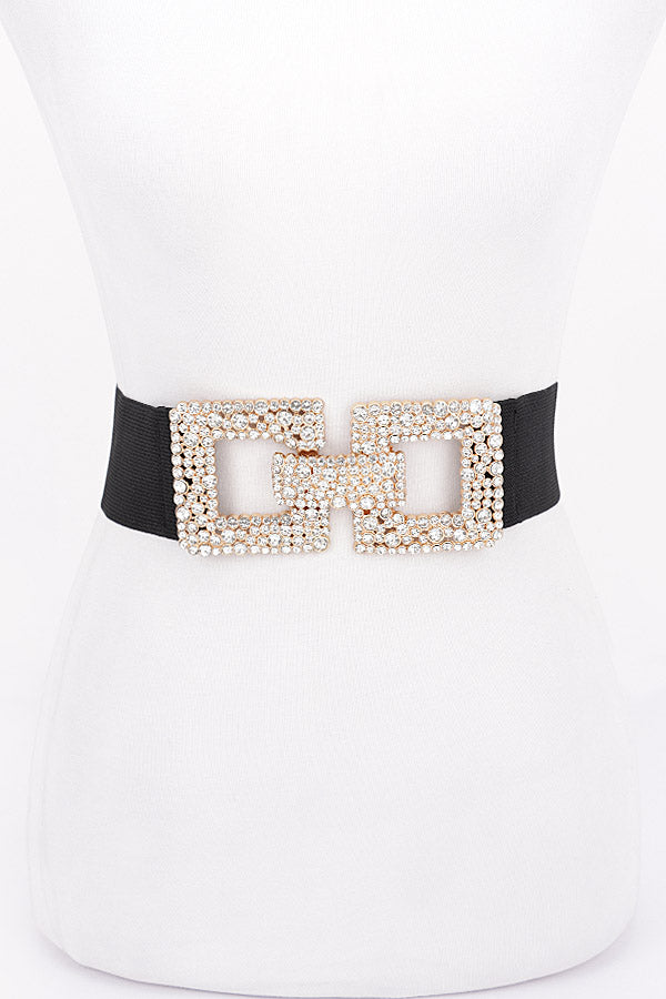 Pack of 6 Clear Gold Rhinestone Buckle Elastic Belts - 3638