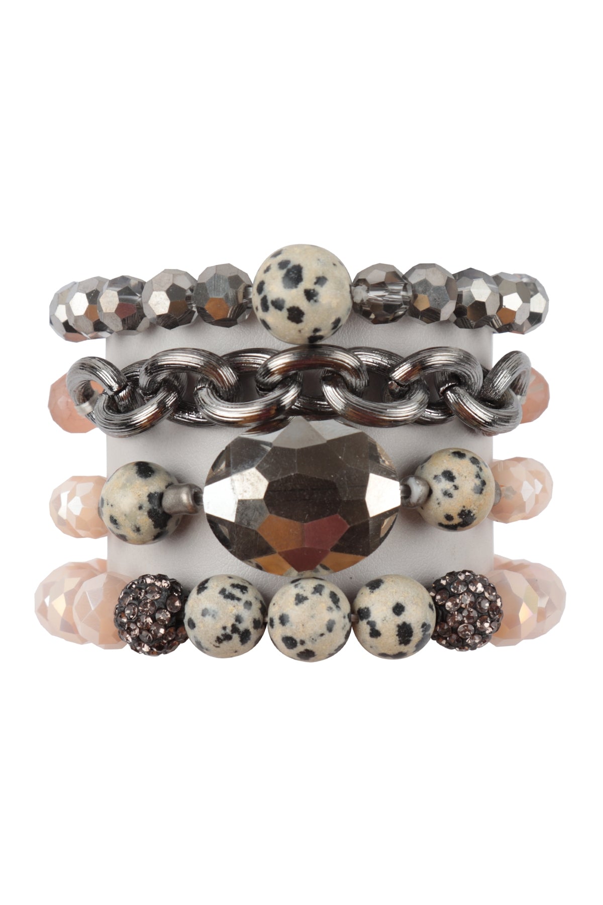 Pack of 6 Four - Layer Stackable Chain and Glass Beaded Stretch Bracelets in Rose Color