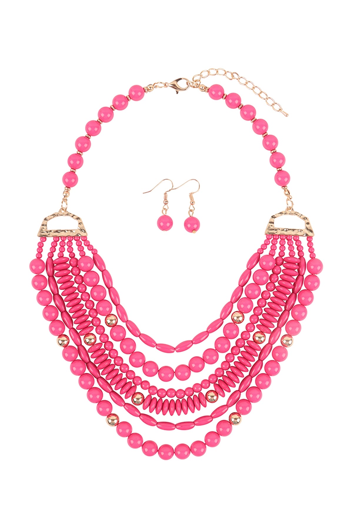 Fuchsia Layered Bohemian Style Bib Statement Necklace and Earrings Set - Pack of Six Pieces