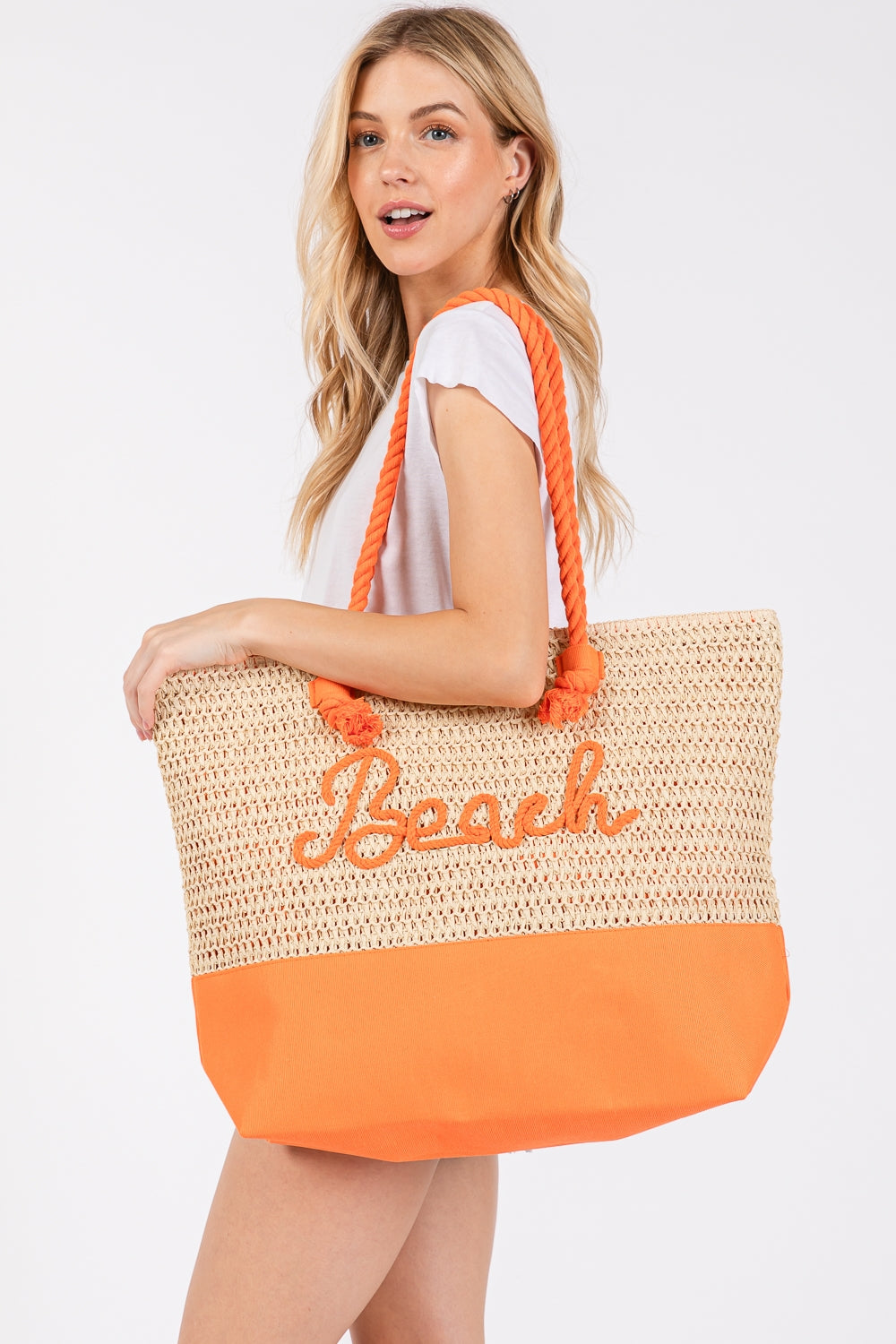 Set of 6 Orange Fabric Tote Bags with Color - Sewn Beach Letters and Straps Made by Crochet