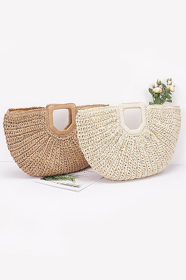 Set of 3 Handmade Faux Straw Handle Bags in Khaki 3511