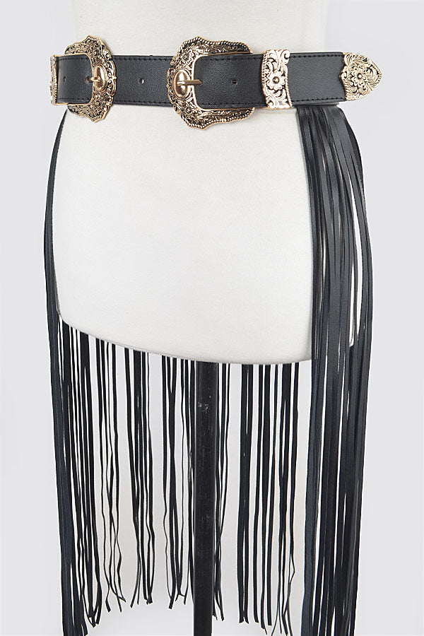 Set of 6 Double Buckle Curtain Fringe Belts in Black with Burnished Gold Finish