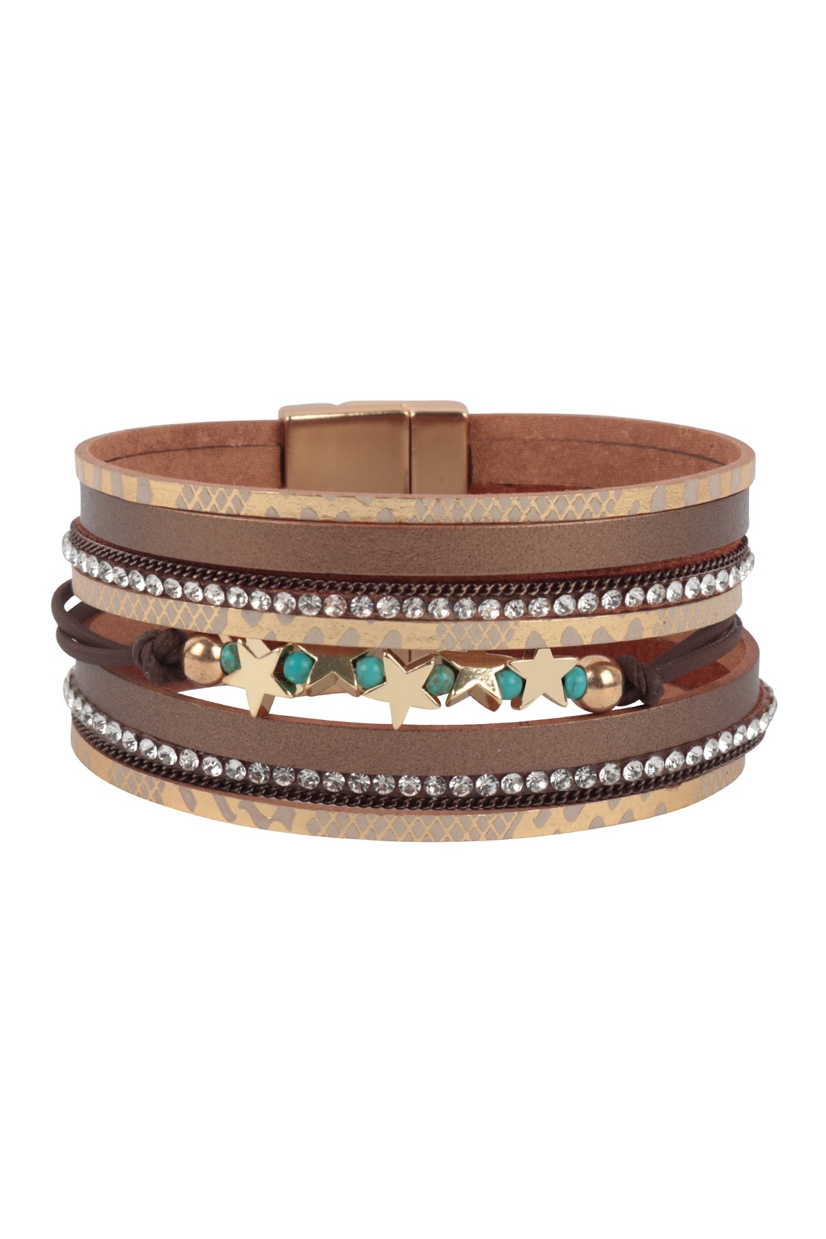 Light Brown Snake Print Leather Wrap Bracelet with Star Magnetic Lock - Set of 6