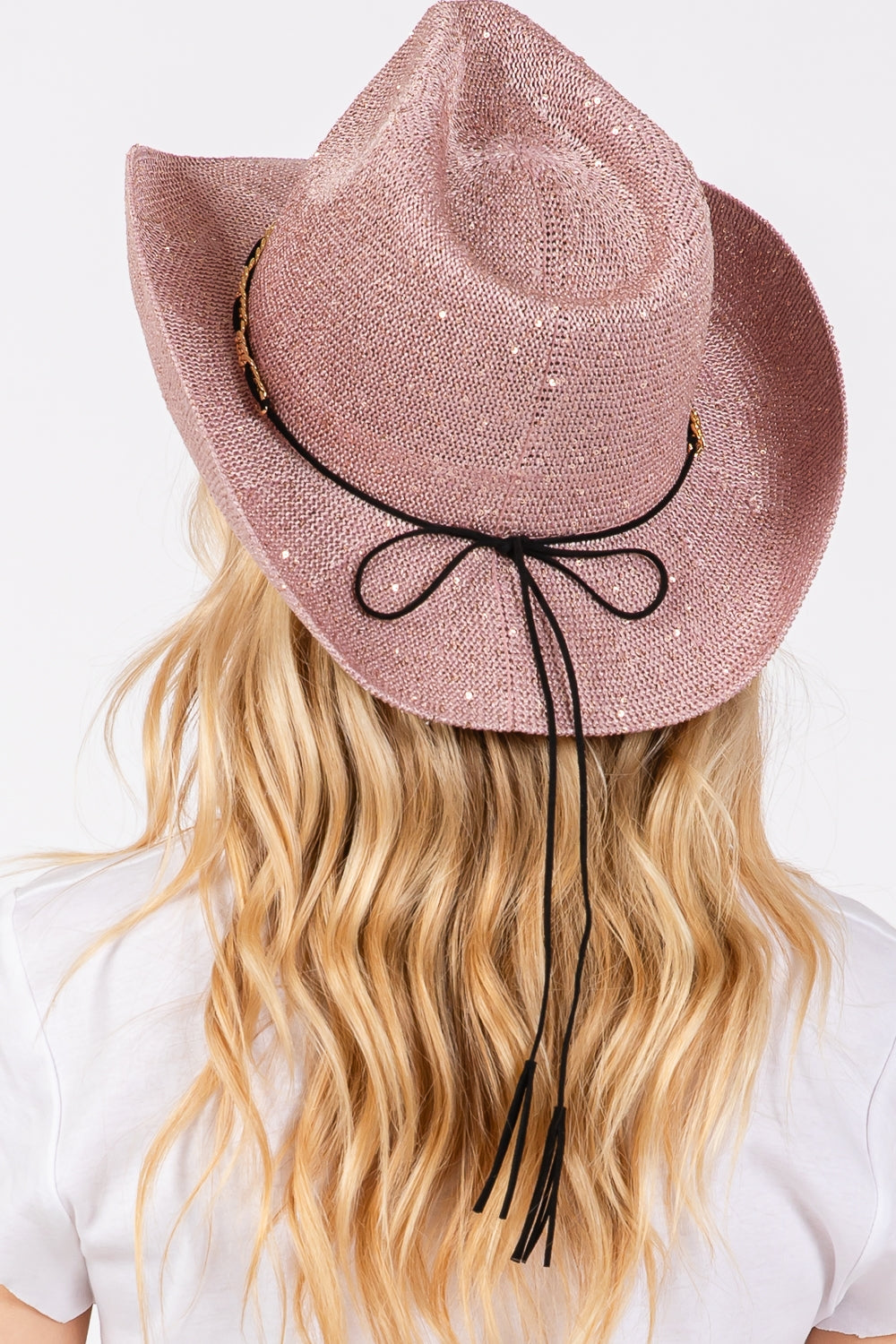 Pack of 6 Sequined Cowboy Hats with Metal Chain and Suede String Band Decorated with Roses