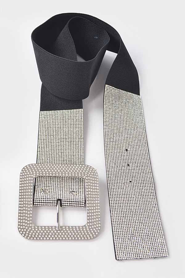 Set of 6 - 4568 Black Clear Rhinestone Buckle Elastic Belt