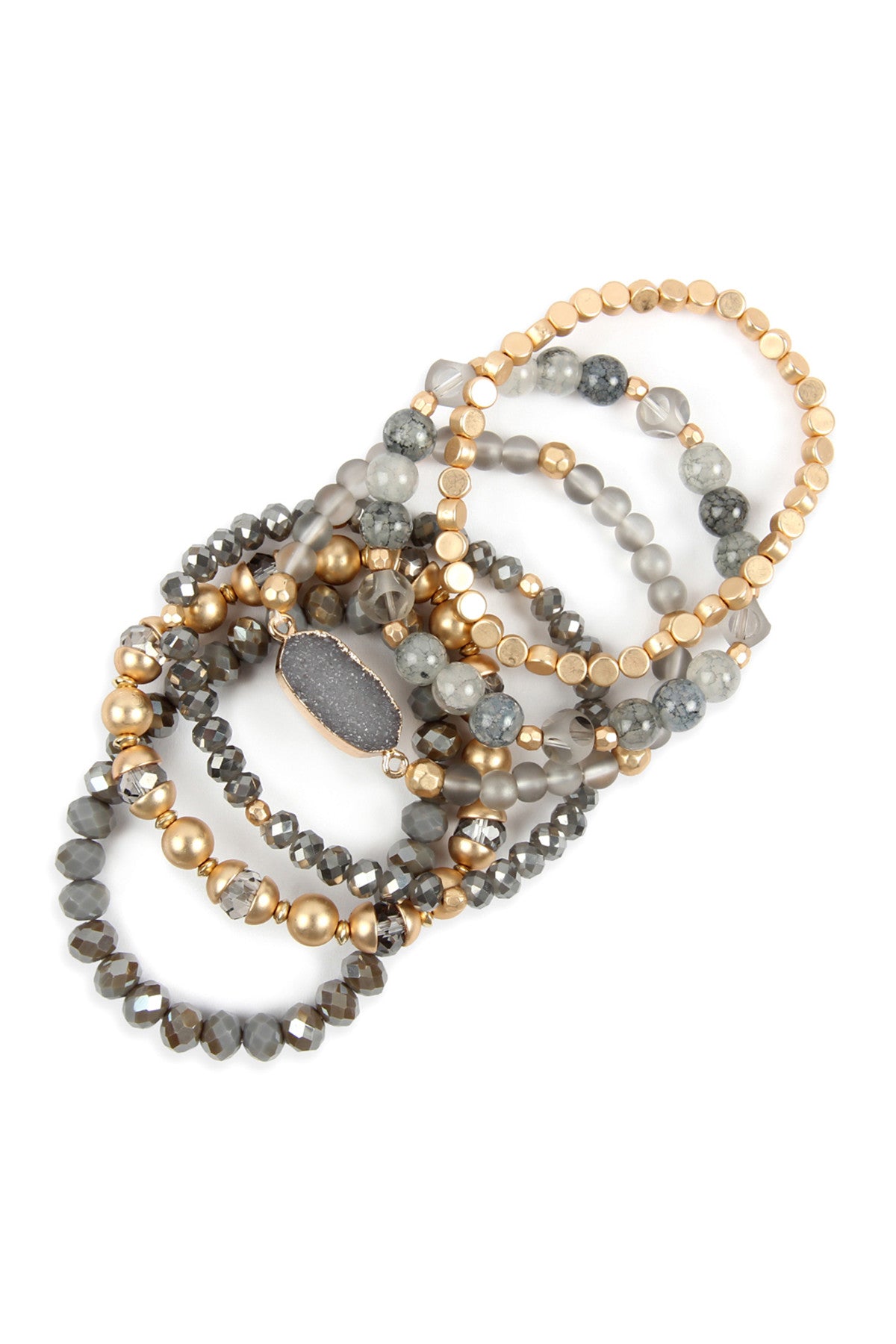 Pack of 6 Light Gray Multi-Line Druzy Stone Charm Bracelets for Fashion Accessories