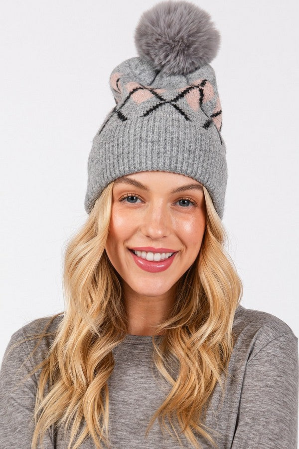 Pack of 6 Gray 2810 Wool - Blended Argyle Fleece Pom Pom Beanies