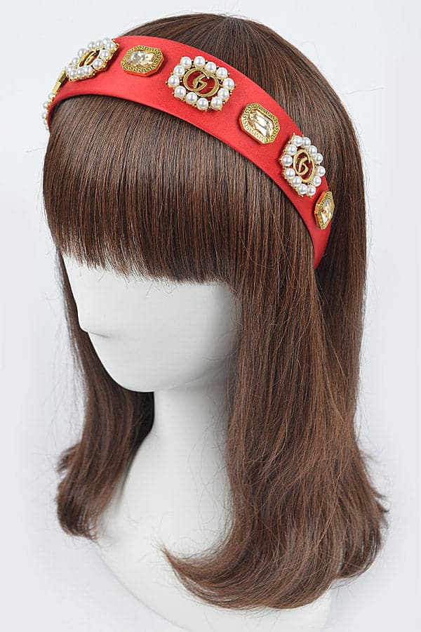 Set of 6 Red Plastic Hairbands with Imitation Gemstones - 5112